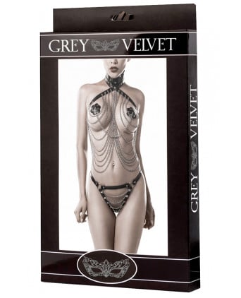 Lingerie SM cuir et chaînes 3 pièces - Grey Velvet - Lingerie vinyle femme