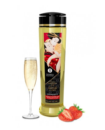 Huile de massage parfum fraise & vin pétillant - Shunga - Huiles et crèmes de massage