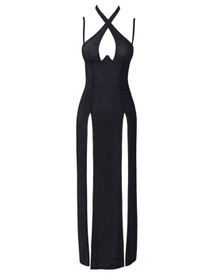 Robe longue à décolleté plongeant noire argentée - Cottelli PARTY 