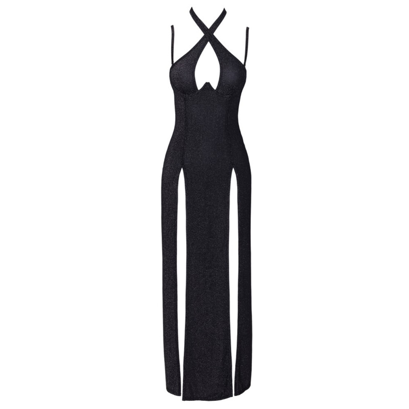 Robe longue à décolleté plongeant noire argentée - Cottelli PARTY 
