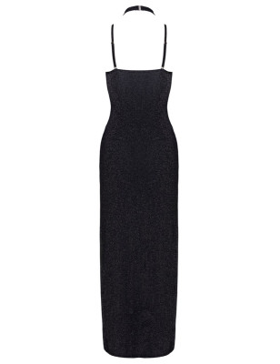 Robe longue à décolleté plongeant noire argentée - Cottelli PARTY 